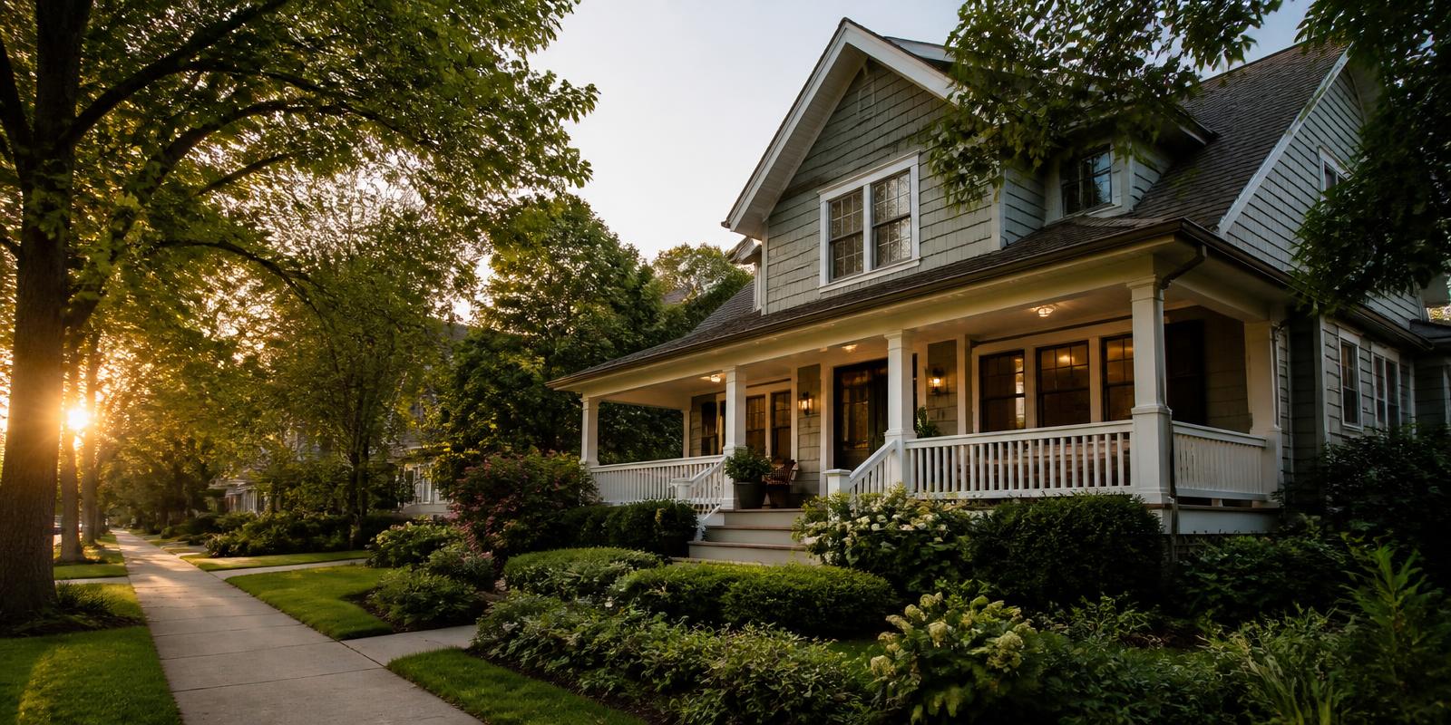 A welcoming residential home on a quiet tree-lined street at golden hour