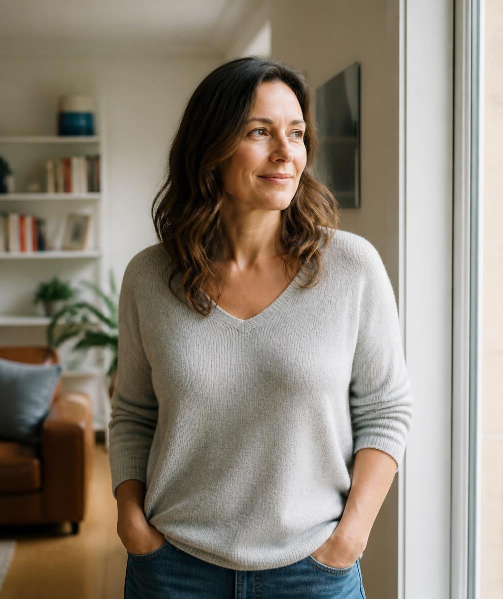 An adult standing calmly by a sunlit window in a clean, comfortable apartment