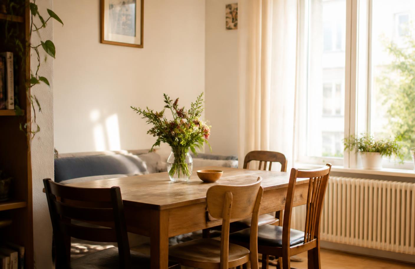 A sunlit dining area in a shared residential home with a wooden table and flowers