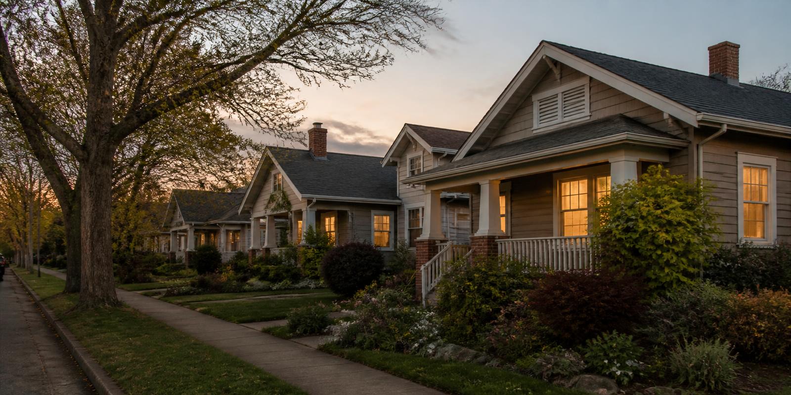 A quiet residential street of modest homes with warm lit windows at dusk