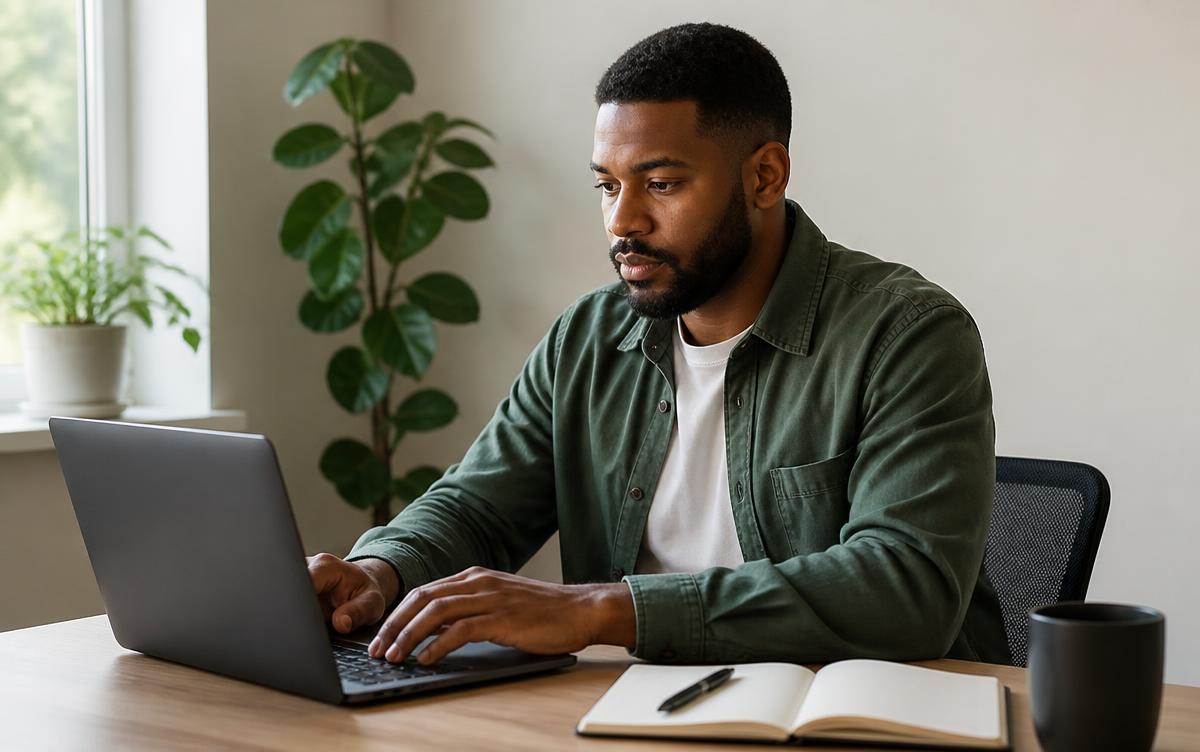 An adult working on a laptop at a home desk beside an open notebook
