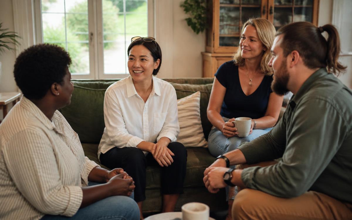 A small diverse group of adults talking together in a comfortable shared living room