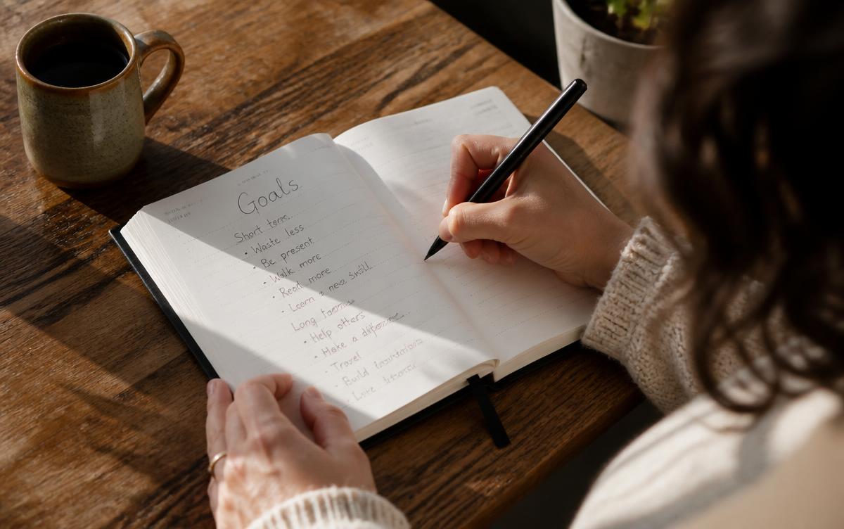 An adult writing personal goals in a paper planner at a sunlit table