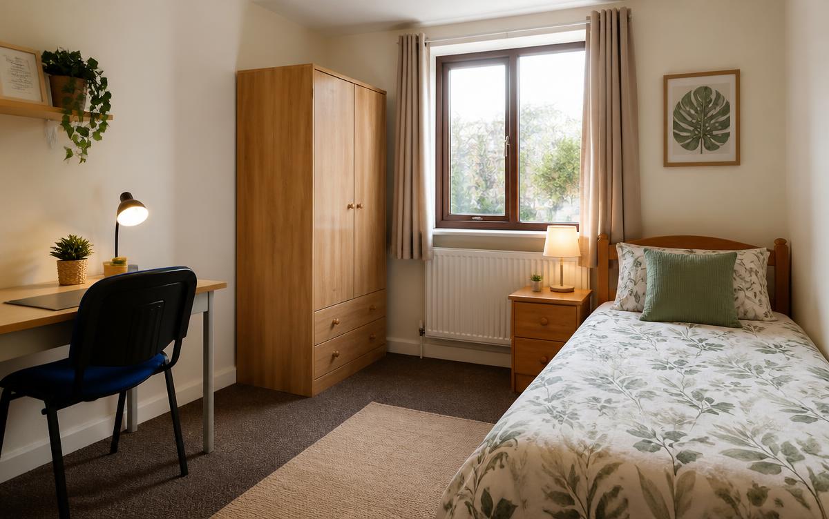 A bright, clean and simply furnished bedroom in a well-maintained residential home