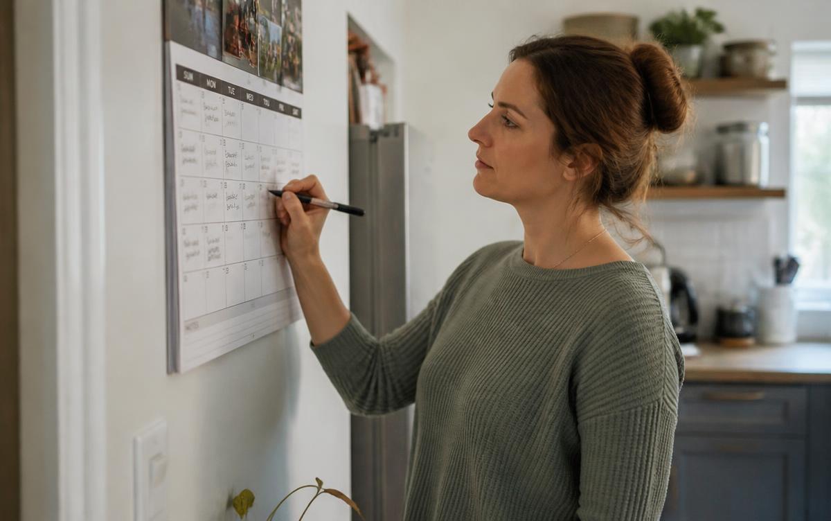 An adult writing her weekly routine on a wall calendar in a home kitchen