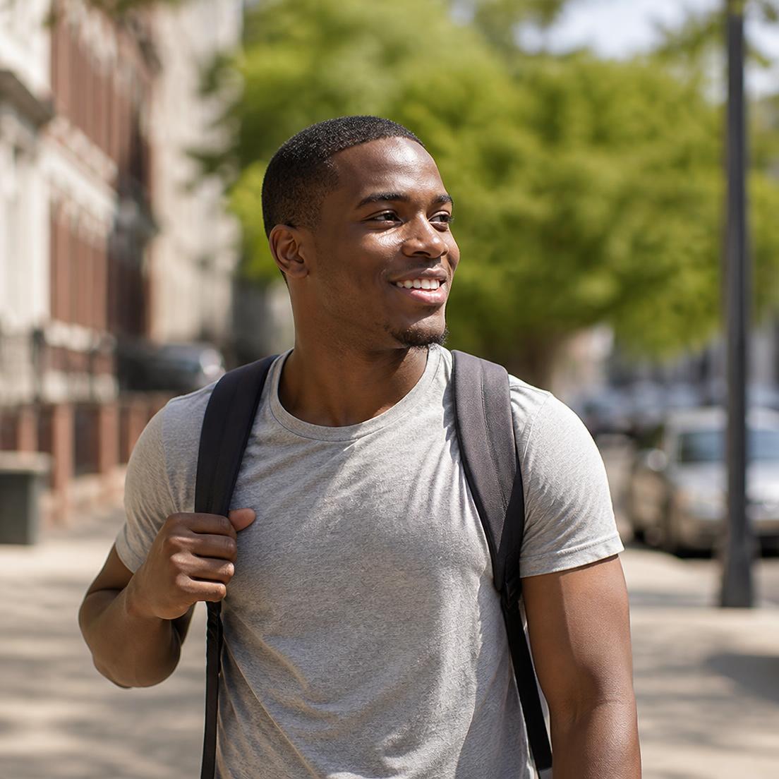 A confident adult walking outdoors on a sunny neighborhood street